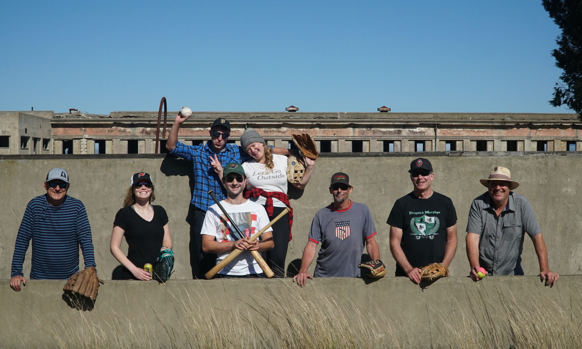 Angel Island picnic, people playing baseball